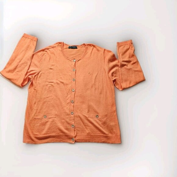 Lauren Ralph Lauren Cardigan Womens L Orange Buttons LS Boho Preppy Mature FLAW - Picture 8 of 13